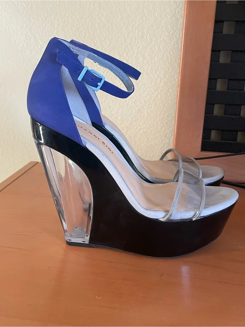 Gianni Bini Blue and Silver Clear-Platform Block Heel Sandals